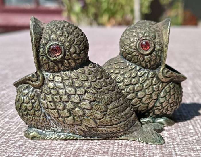 Brass Baby Bird Open Mouth Red Eye Match Holders Victorian Era Hotel Tavern Style