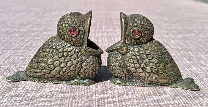 Brass Baby Bird Open Mouth Red Eye Match Holders Victorian Era Hotel Tavern Style