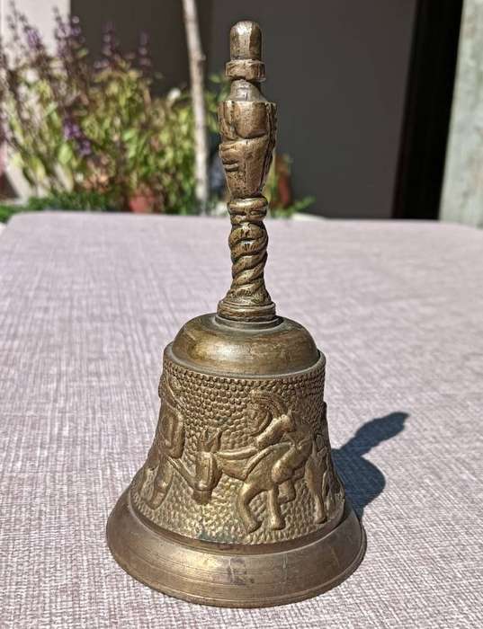 Brass Bell with Farmer, Donkeys, Cow and Windmill  Clapper in Tact  Nice Ringing Sound Large 15cmH