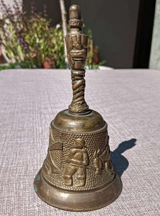 Brass Bell with Farmer, Donkeys, Cow and Windmill  Clapper in Tact  Nice Ringing Sound Large 15cmH
