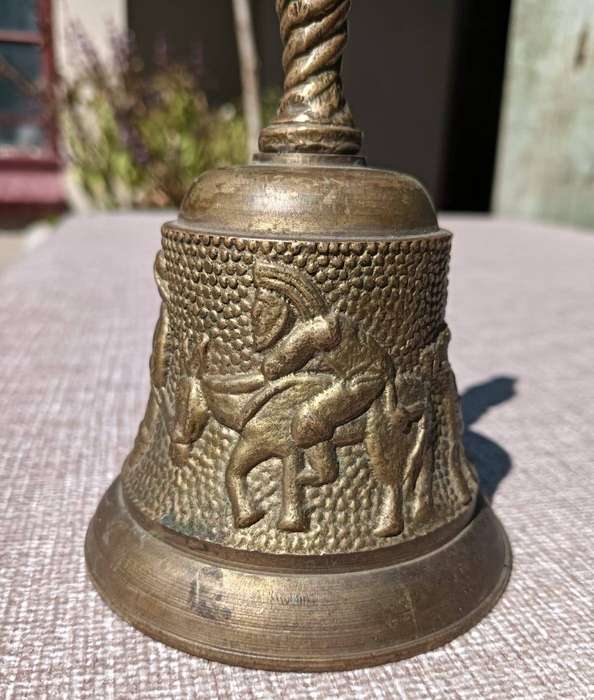 Brass Bell with Farmer, Donkeys, Cow and Windmill  Clapper in Tact  Nice Ringing Sound Large 15cmH