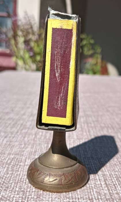 Brass Enamel Painted Matchbox Holder on Loose Standing Stand - Vintage Mid 20th Cen - 9cm High