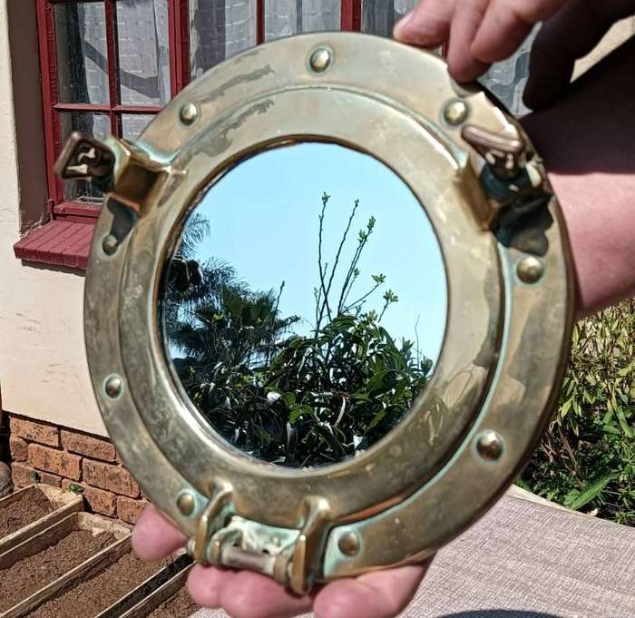 Nautical Brass Round Ships Porthole Shaped Wall Mirror - With Clamps to Open and Close