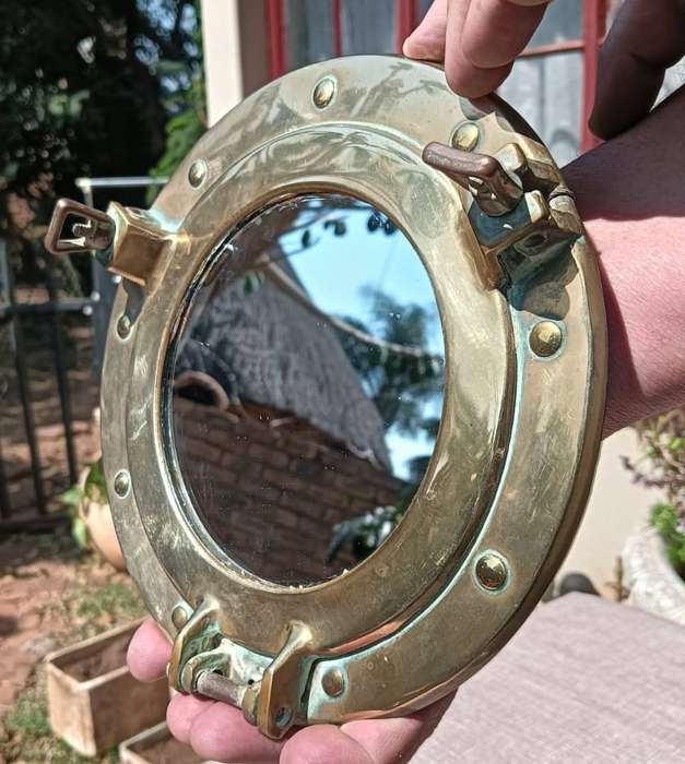 Nautical Brass Round Ships Porthole Shaped Wall Mirror - With Clamps to Open and Close