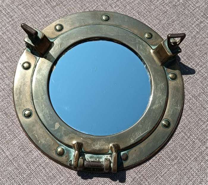 Nautical Brass Round Ships Porthole Shaped Wall Mirror - With Clamps to Open and Close