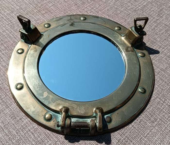 Nautical Brass Round Ships Porthole Shaped Wall Mirror - With Clamps to Open and Close