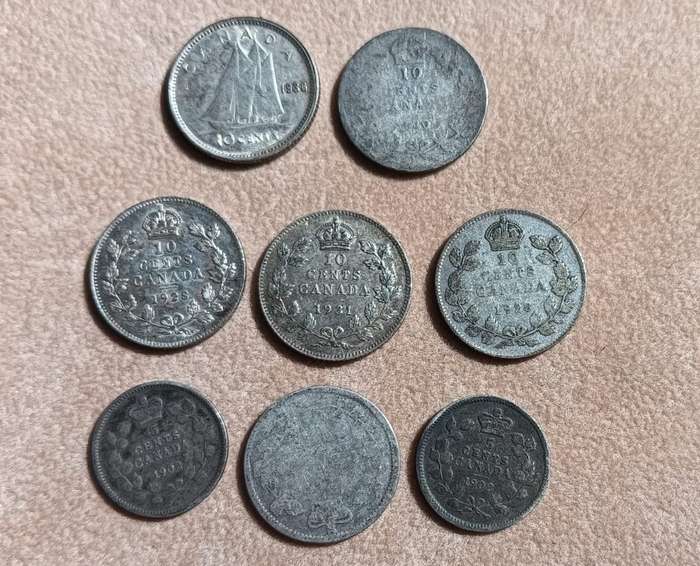 Two Canadian 1902 5 Cent St Edwards Crown Error Coins and Six 10 Cent Coins FineSilver Weight 13.86g