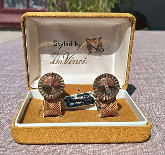 Da Vinci 22ct Hard Gold Clad Designer Cufflinks in Original Presentation Box Vintage 1970s