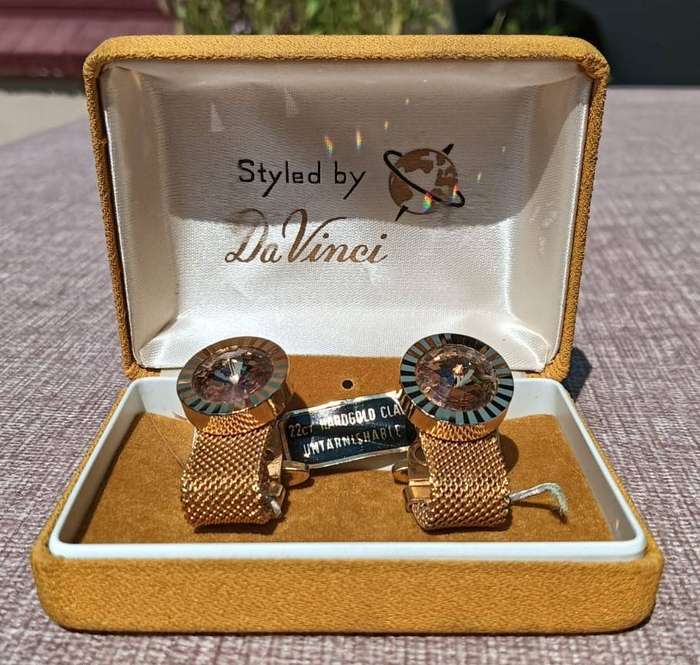 Da Vinci 22ct Hard Gold Clad Designer Cufflinks in Original Presentation Box Vintage 1970s