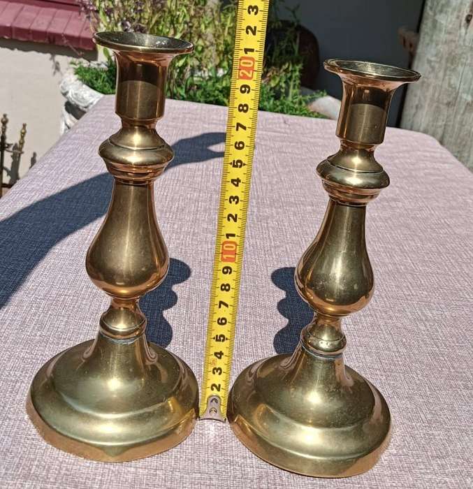 Pair of Brass Taper Candlesticks with Wax Pans  Taper Candles Included