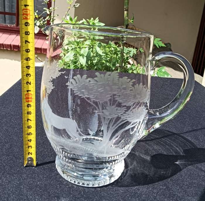 Amazing "Queen Lace" Germany Lion Engraved Chrystal Pitcher - Hand Blown - Hand Copper Engraved