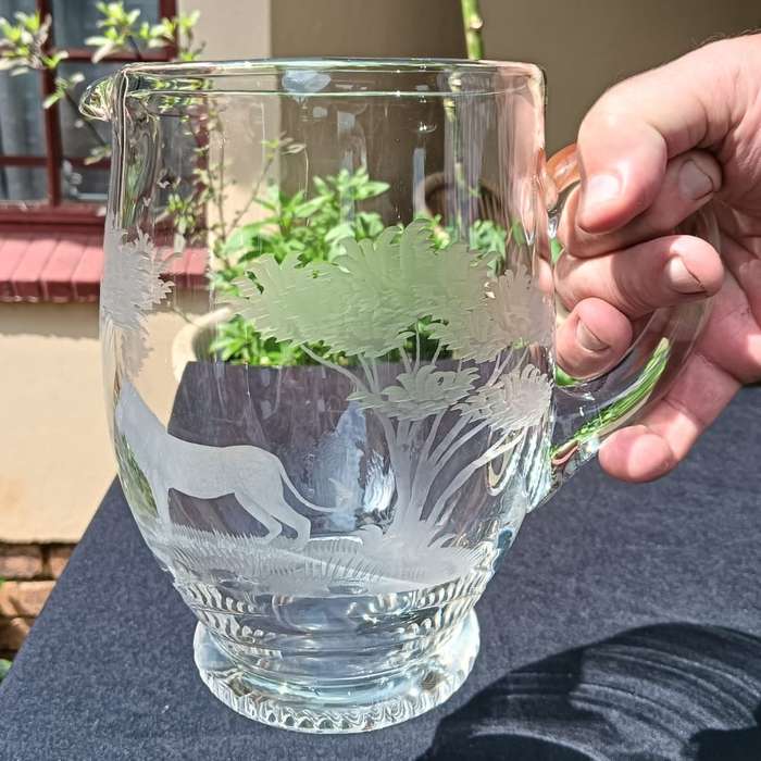 Amazing "Queen Lace" Germany Lion Engraved Chrystal Pitcher - Hand Blown - Hand Copper Engraved
