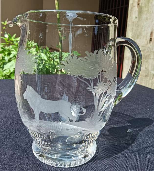 Amazing "Queen Lace" Germany Lion Engraved Chrystal Pitcher - Hand Blown - Hand Copper Engraved