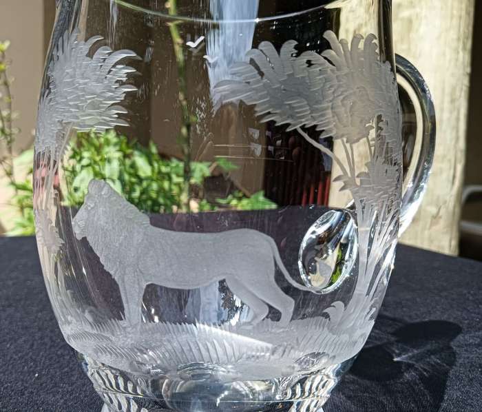 Amazing "Queen Lace" Germany Lion Engraved Chrystal Pitcher - Hand Blown - Hand Copper Engraved