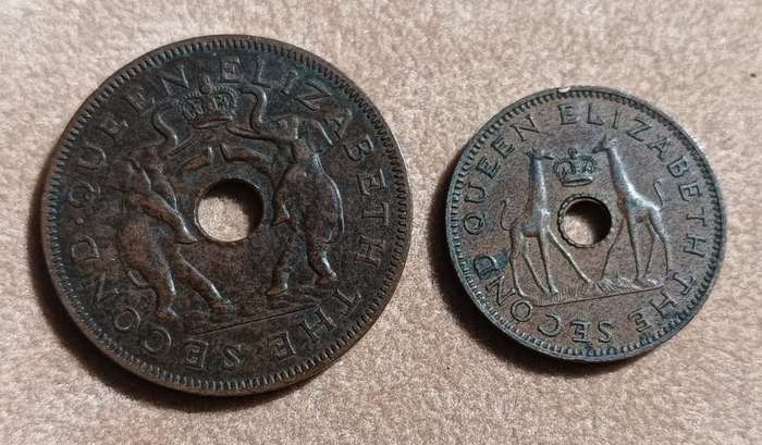 Rhodesia and Nyasaland Penny (1955) and Half Penny (1958) Bronze Coins with Distinctive Central Hole