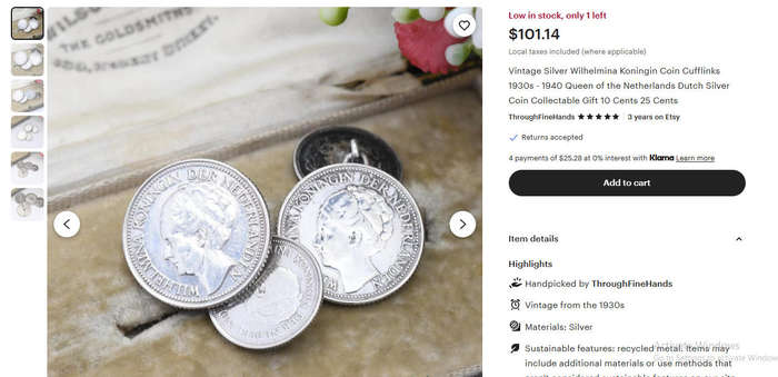 WW2 Resistance Queen Wilhelmina 25 and 10 cents Silver (640) Cufflinks