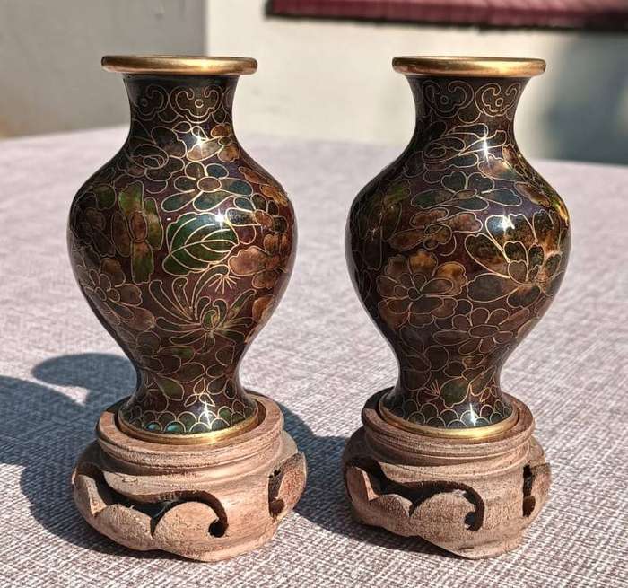 Two Chinese Cloisonne on Brass Mini Bud Vases with Flower Design In Irridescent Colours With Stands