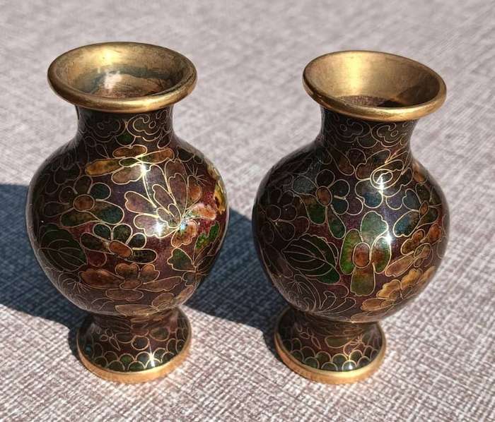 Two Chinese Cloisonne on Brass Mini Bud Vases with Flower Design In Irridescent Colours With Stands