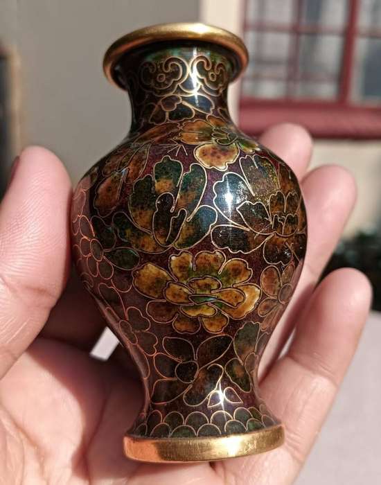 Two Chinese Cloisonne on Brass Mini Bud Vases with Flower Design In Irridescent Colours With Stands