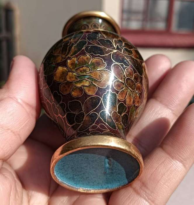 Two Chinese Cloisonne on Brass Mini Bud Vases with Flower Design In Irridescent Colours With Stands