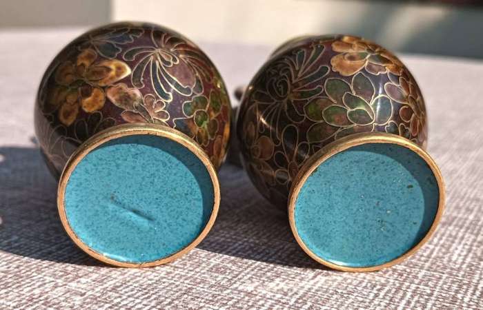 Two Chinese Cloisonne on Brass Mini Bud Vases with Flower Design In Irridescent Colours With Stands