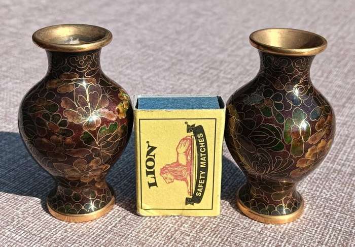 Two Chinese Cloisonne on Brass Mini Bud Vases with Flower Design In Irridescent Colours With Stands