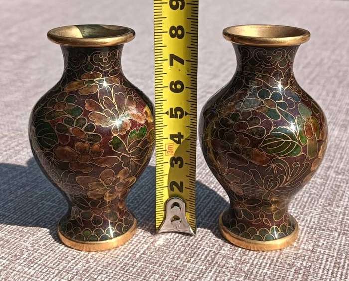 Two Chinese Cloisonne on Brass Mini Bud Vases with Flower Design In Irridescent Colours With Stands