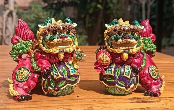 Colourful Foo Dogs Guardian Lions Resin Figurines Male and Female Set