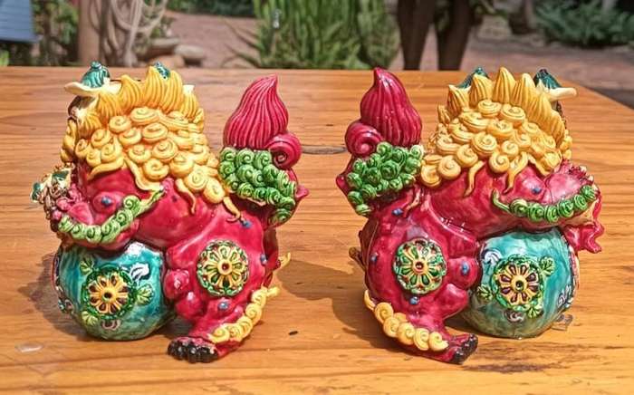 Colourful Foo Dogs Guardian Lions Resin Figurines Male and Female Set