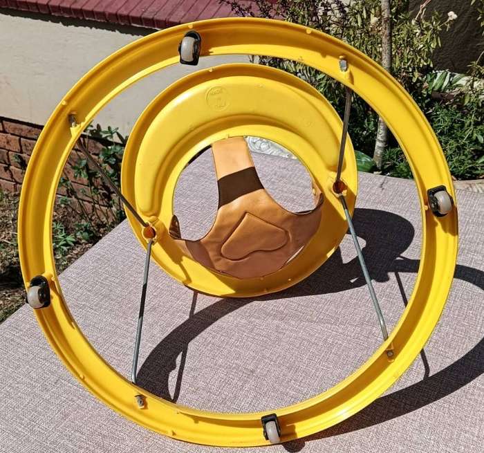 Vintage 1980s Giordani Italy Yellow Chrome Hoola Coupe Infant Baby Walker