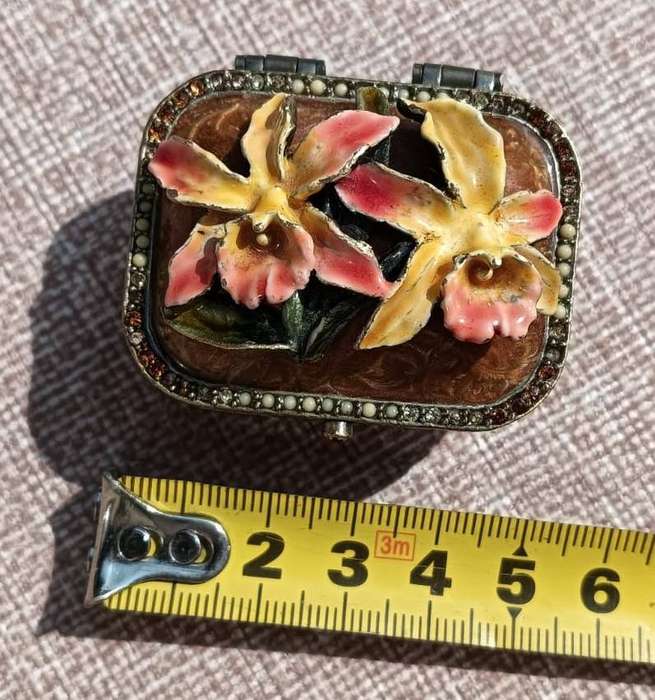 Superb Antique Cloisonne Lidded Pill Box with Enamelled Brass Flowers in Relief