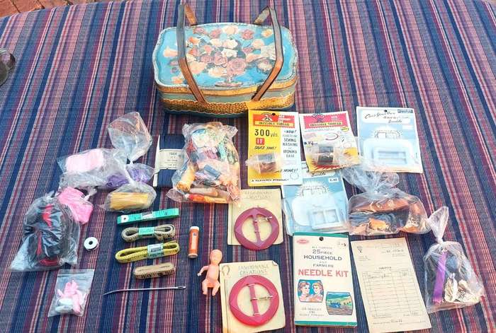 Vintage Darling Confectionary Tin Filled with a Vintage Sewing Kit with some Interesting Goodies