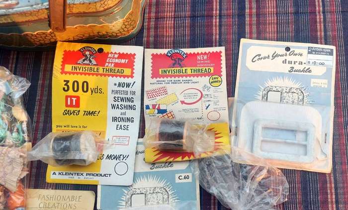 Vintage Darling Confectionary Tin Filled with a Vintage Sewing Kit with some Interesting Goodies