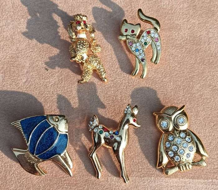 Batch 1 of Vintage Gold Tone and Rhinestone Brooches: Fish, Owl, Poodle, Cat, Deer