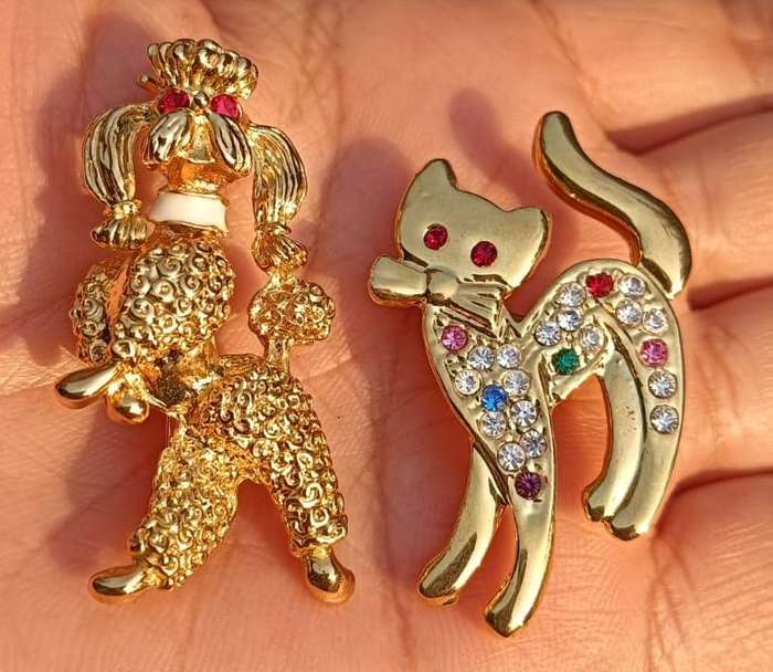 Batch 1 of Vintage Gold Tone and Rhinestone Brooches: Fish, Owl, Poodle, Cat, Deer