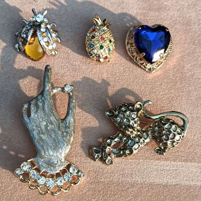 Batch 2 of Vintage Gold Tone and Rhinestone Brooches: Lion Cub, Hand Holding Gem, Lady Bug, Beetle,