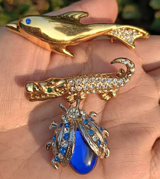 Batch 3 of Vintage Gold Tone and Rhinestone Brooches: Dolphin, Snail, Bird, Crocodile, Ladybug