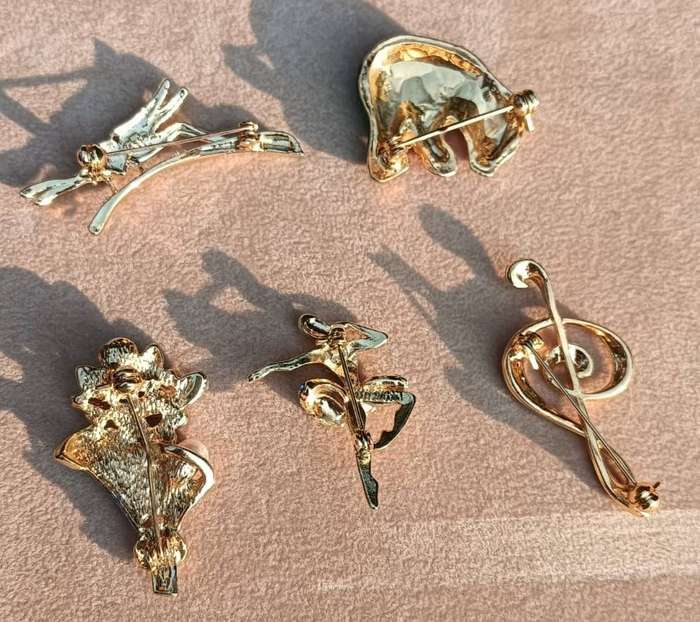 Batch 4 of Vintage Gold Tone and Rhinestone Brooches: Panda, Music Note, Stick Insect, Dancer, Icecr