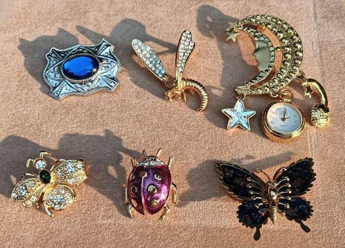 Batch 5 of Vintage Gold Tone and Rhinestone Brooches: Crescent Moon, Dragonfly, Butterfly, Moth, Shi