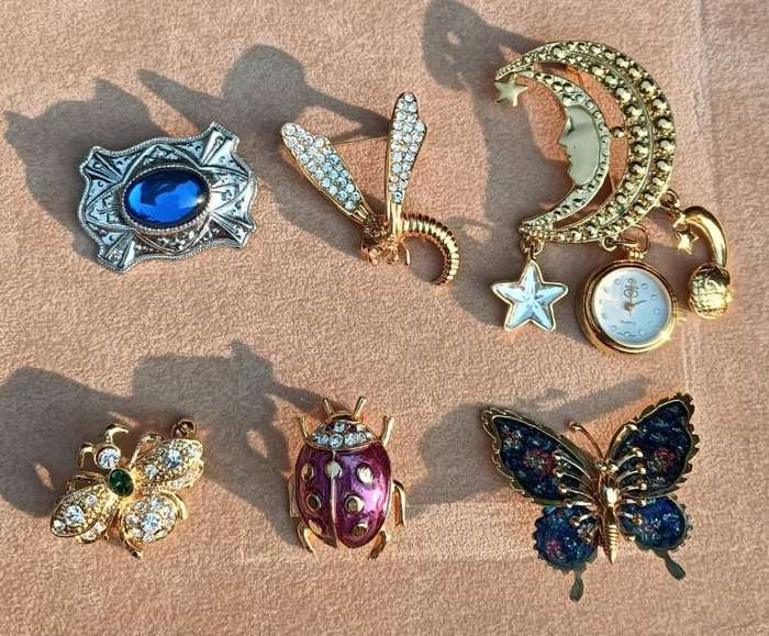 Batch 5 of Vintage Gold Tone and Rhinestone Brooches: Crescent Moon, Dragonfly, Butterfly, Moth, Shi