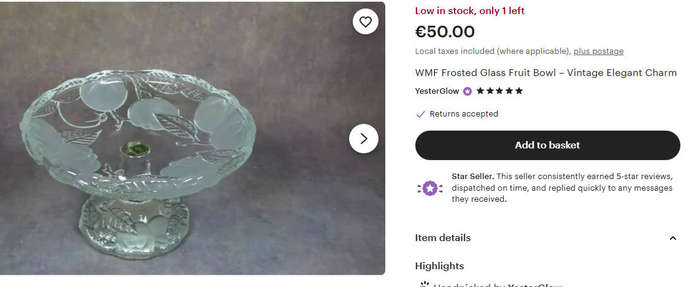 Exquisite WMF German Frosted Glass Fruit Bowl on Pedastal with Leaves and Fruit Design