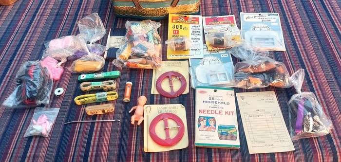 Vintage Darling Confectionary Tin Filled with a Vintage Sewing Kit with some Interesting Goodies