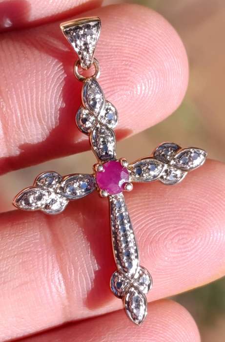 Gold On Sterling Diamond Ruby Cross Pendant