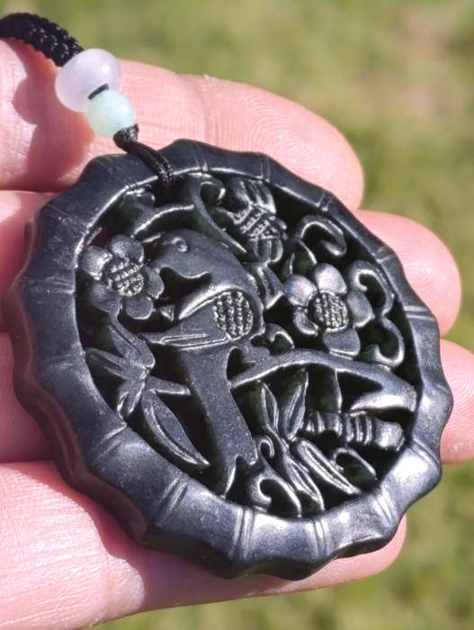Dark Green Black  Carved Jade Pendant Set