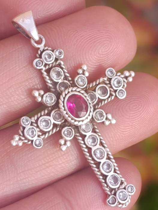 Ruby Sterling Studded Cross Pendant