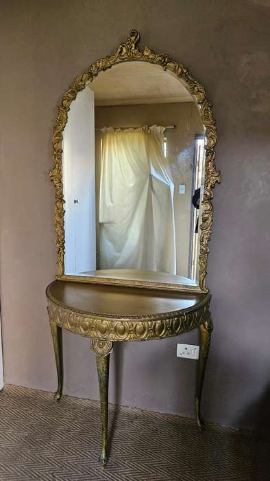 Antique Wood Carved Console Table & Beveled Mirror