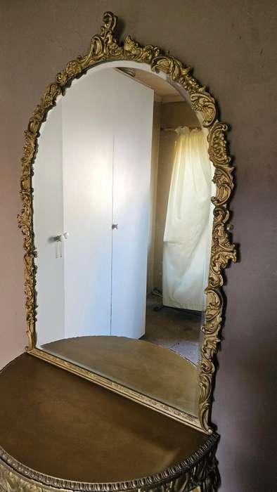 Antique Wood Carved Console Table & Beveled Mirror