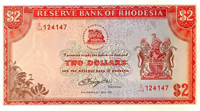 Rhodesia 2 Dollar 1979 AUnc collectable last of Rhodesian issue before Zimbabwe dollar