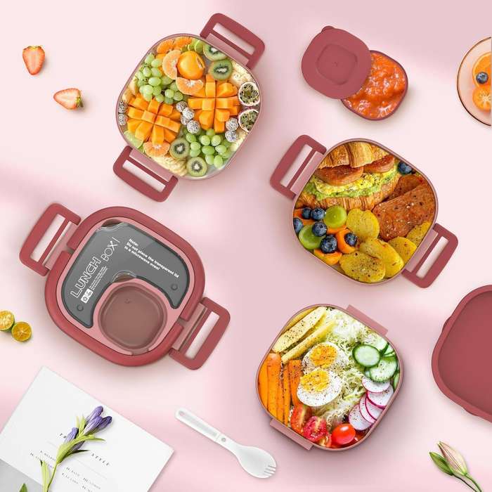 Chaozhenmei 3-Tier Stackable Lunch Box, Pink, Bento Style Food Container with Secure Locks