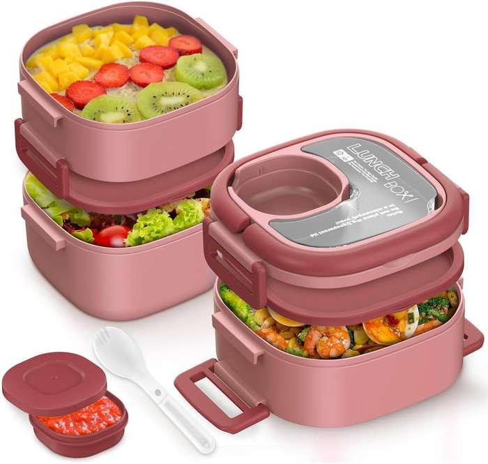 Chaozhenmei 3-Tier Stackable Lunch Box, Pink, Bento Style Food Container with Secure Locks